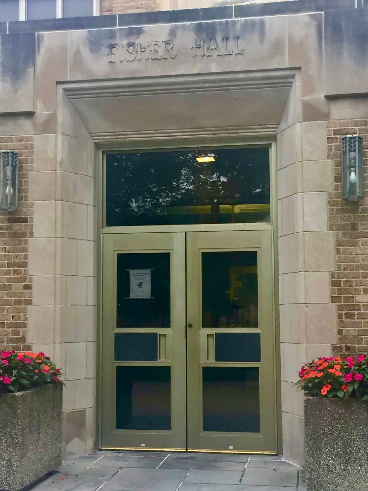 Side entrance to Fisher Hall at the University of Notre Dame.  Autobiography of Dr. Anthony J. Carbone.