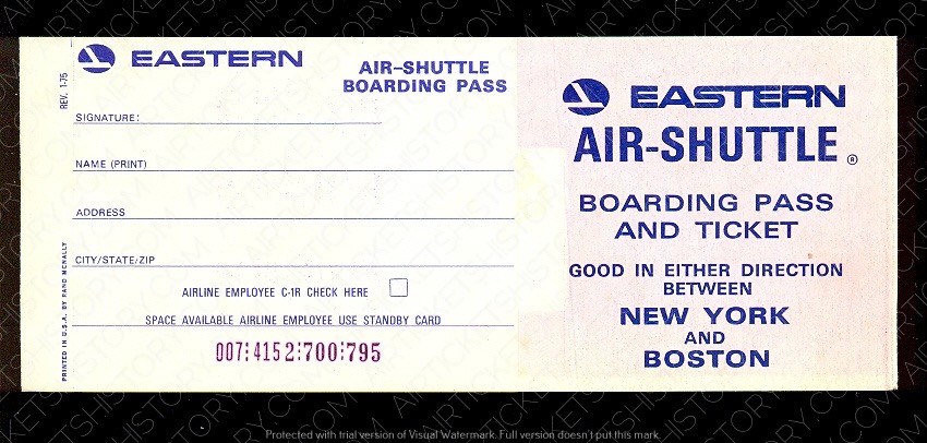 Photograph of old Eastern Air-Shuttle ticket for the Boston-NYC (LaGuardia) route.  Autobiography of Dr. Anthony J. Carbone.