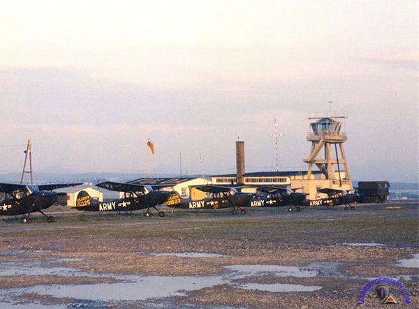 Fulda Army Airfield c.1964 showing the control tower and airfield beacon. Cessna L-19/O-1 Bird Dog ingle propeller aircraft were used for reconnaissance by the cavalry.