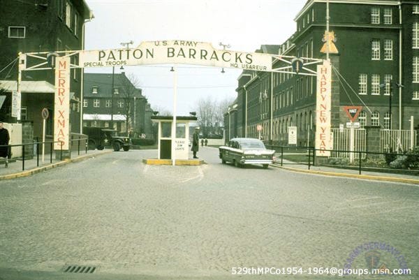 Front gate with MP shack for Patton Barracks, Heidelberg, West Germany c. 1960s,