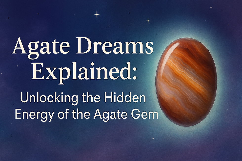 Agate Dreams banner with glowing Agate Gem on mystical starry background