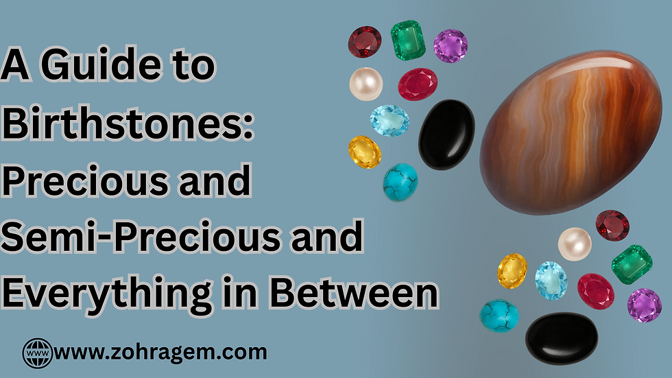 Banner image featuring the title “A Guide to Birthstones: Precious, Semi-Precious, and Everything in Between” with an arrangement of gemstones including garnet, emerald, amethyst, pearl, aquamarine, ruby, citrine, turquoise, and a polished Black Agate on a neutral background.