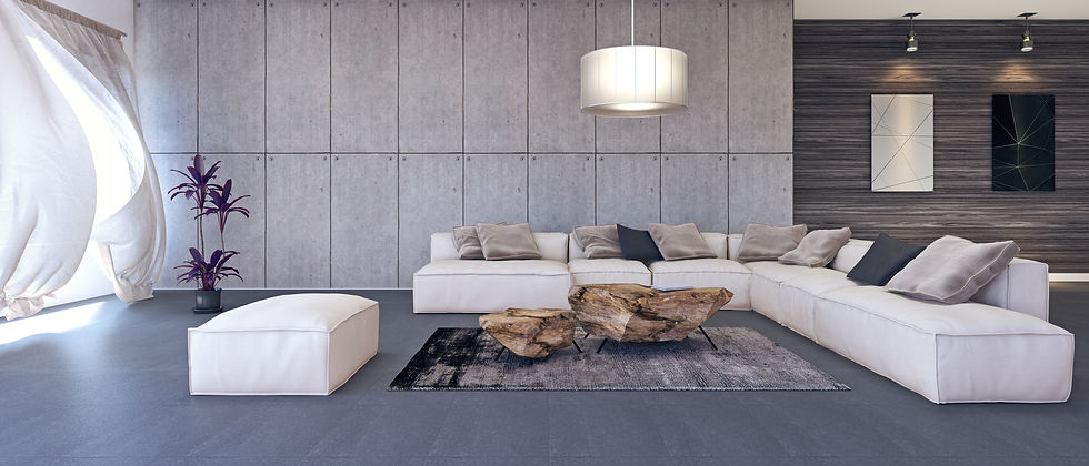 Modern living room with white couch.