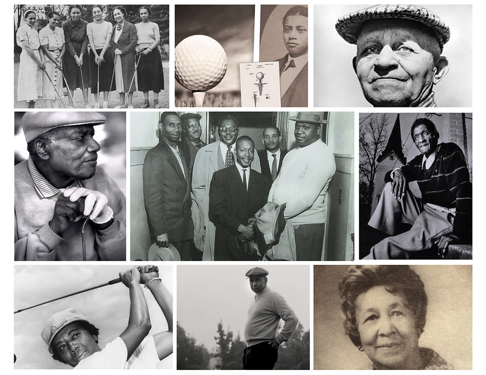 Collection of black and white photos: Golfers, portrait of Martin Luther King Jr., Corica Park.