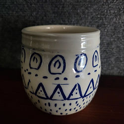 white mug with blue triangle/mountain pattern: Handmade ceramic mug with underglaze triangle pattern, Surface Play class Asheville NC