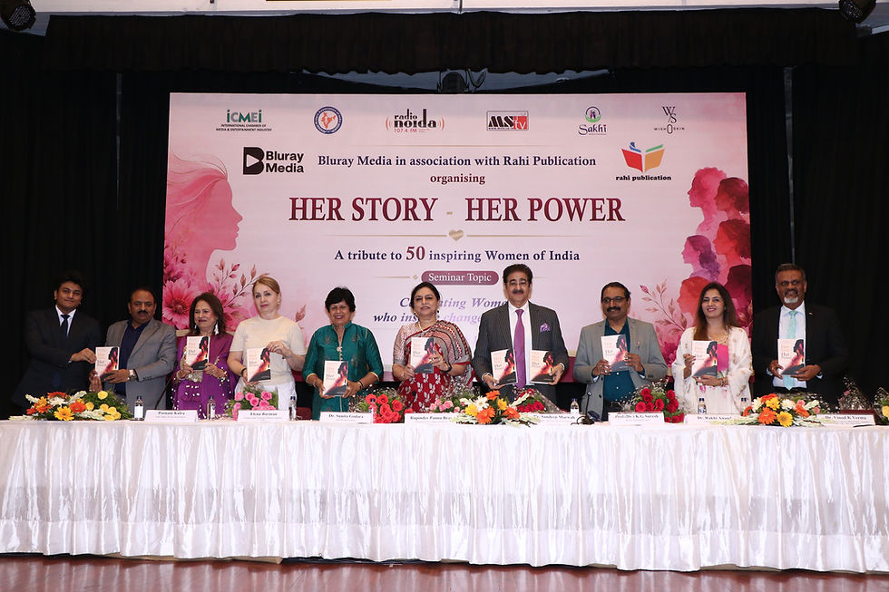 Chief guests and dignitaries at the launch of "Her Story – Her Power," an anthology by Rahi Publication, held at the C.D. Deshmukh Auditorium, India International Centre, New Delhi, on July 24, 2026.