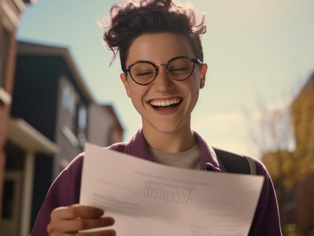 A girl reading an acceptance letter and smiling.