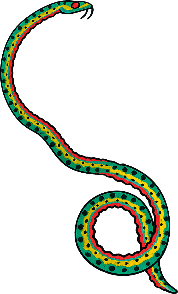 Colorful folk art rainbow serpent illustration, decorative motif at Holy Mountain Tattoo