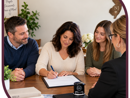 Woman signing a document with two witnesses and a mobile Notary Public in New Jersey.