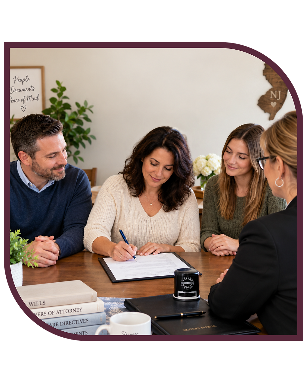Woman signing a document with two witnesses and a mobile Notary Public in New Jersey.
