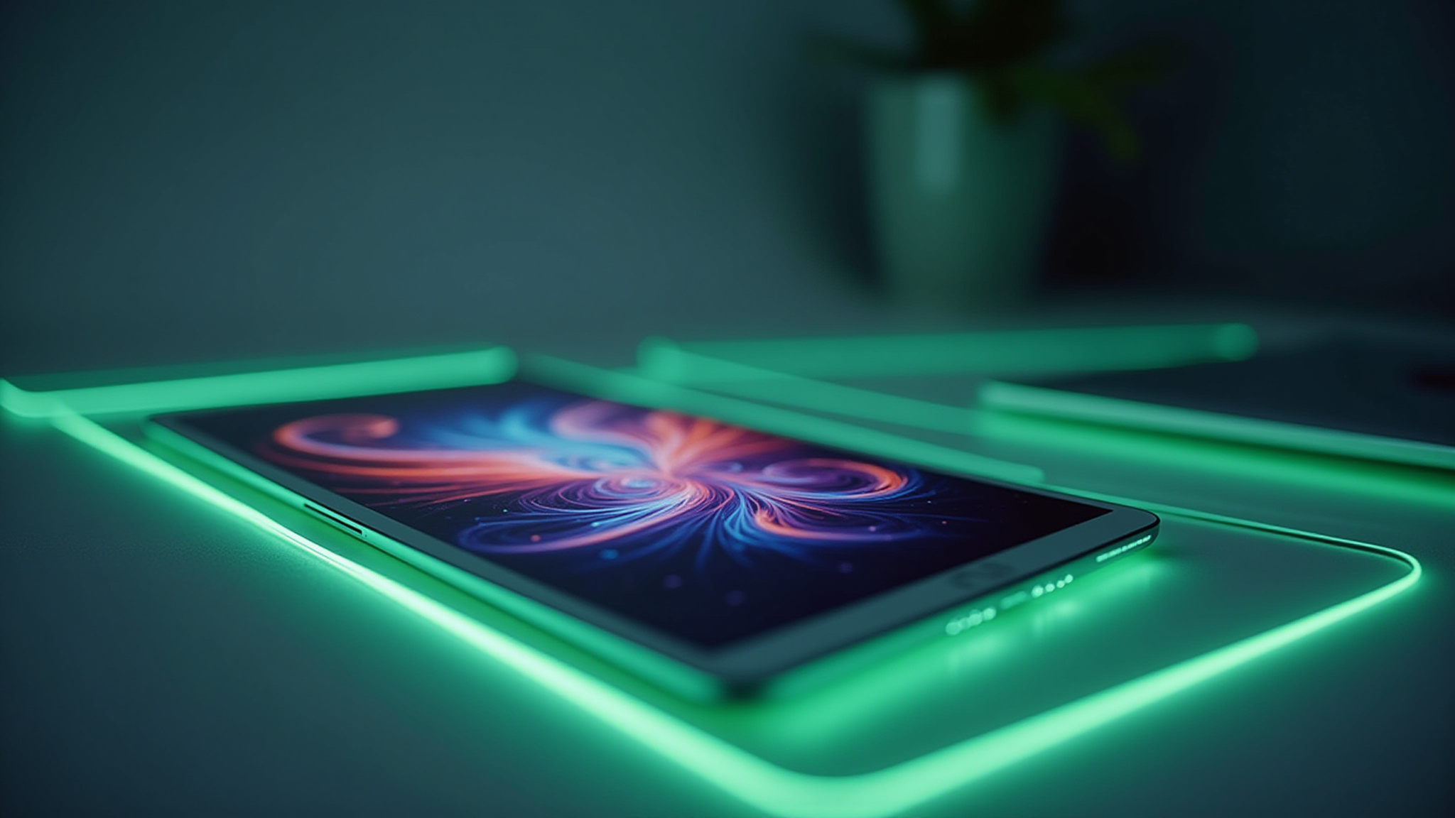 Tablet com tela colorida e contorno verde brilhante