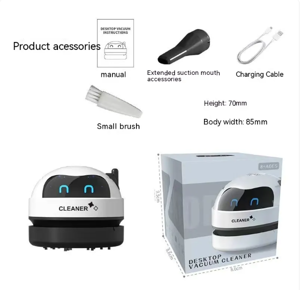 Limpador de mesa elétrico USB, acessórios e embalagem.