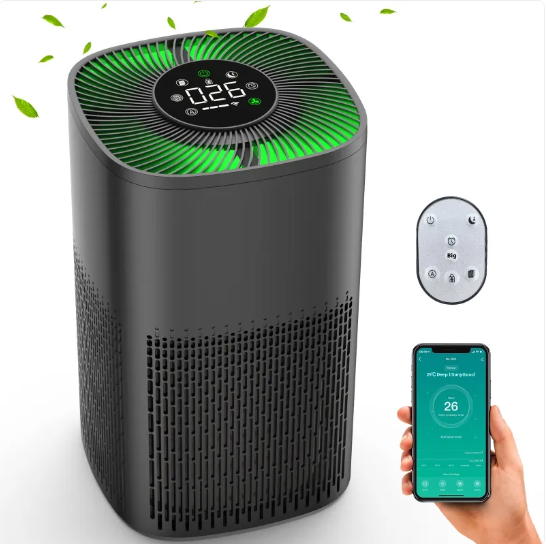 Miniatura: Purificador de ar preto com tela verde, controle remoto e app