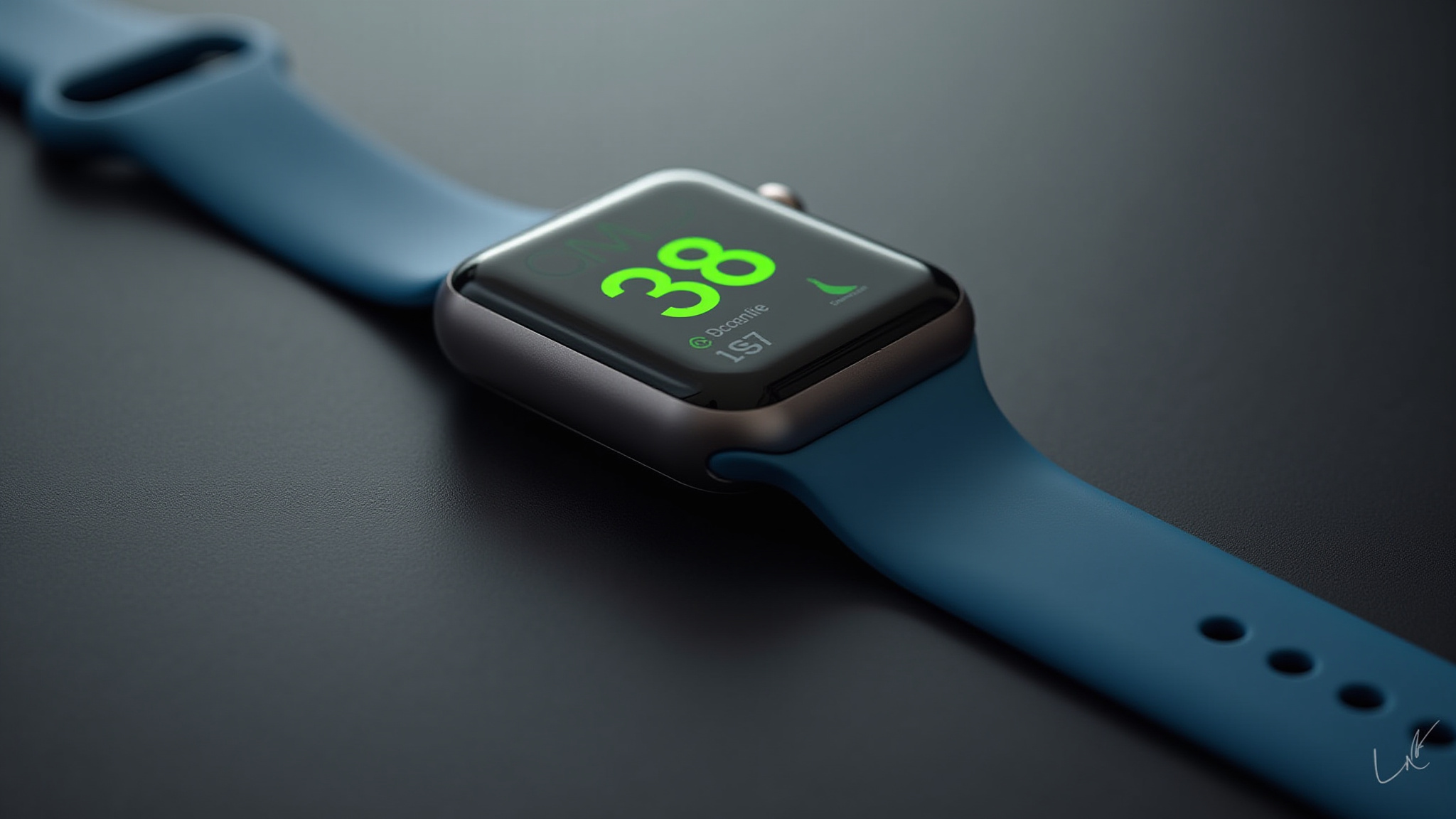 Apple Watch azul exibindo 38 na tela