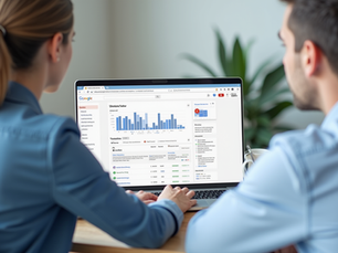 Business owner analyzing Google AI Overviews and SEO data on laptop