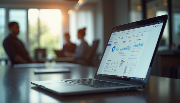 Eye-level view of a business owner reviewing retargeting campaign results, website visitors, conversions, and advertising analytics on a laptop in a modern professional office