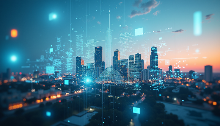 Eye-level view of downtown Tampa skyline with digital data overlays representing AI technology