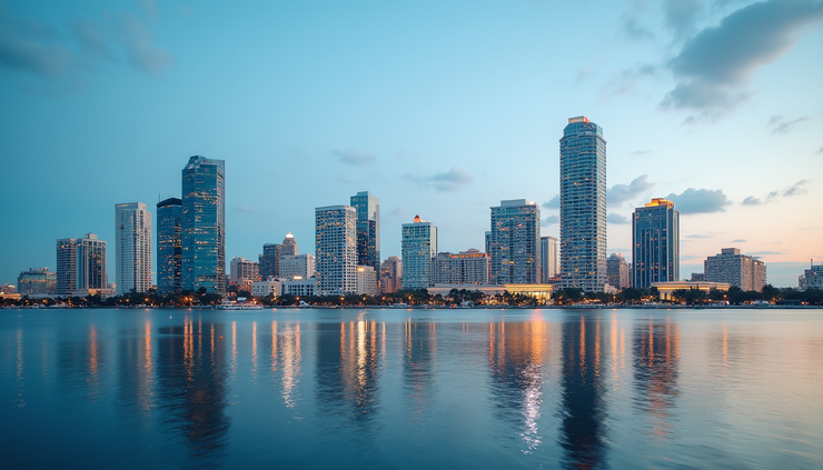 Eye-level view of Tampa cityscape with digital marketing icons overlay