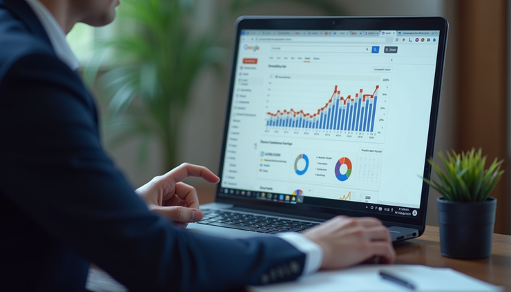 Eye-level view of a business owner analyzing competitor rankings and SEO analytics on a laptop screen