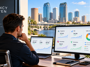 Tampa digital marketing agency workspace overlooking downtown Tampa, featuring SEO, Google Ads, website traffic, and lead generation analytics.