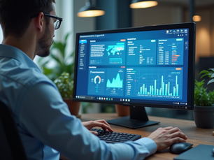 Business owner managing AI marketing software with analytics and automation workflows