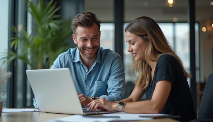 Eye-level view of a business owner and consultant reviewing website traffic and marketing analytics on a laptop