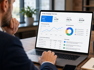 Business owner reviewing Google AI Max campaign performance on a laptop