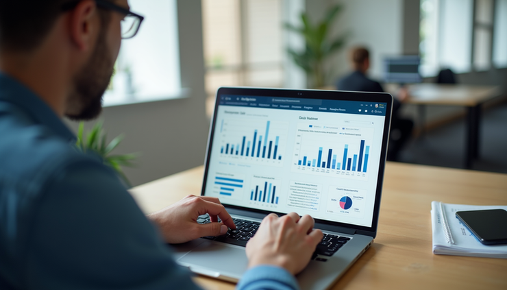 Eye-level view of a business owner reviewing a website dashboard with conversion rate charts, heat maps, lead forms, and analytics on a laptop
