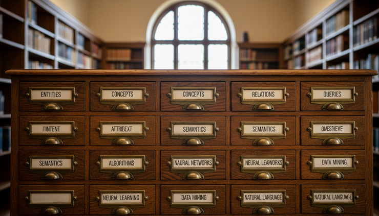 Wide-angle view of a wooden library card catalog with neatly labeled drawers