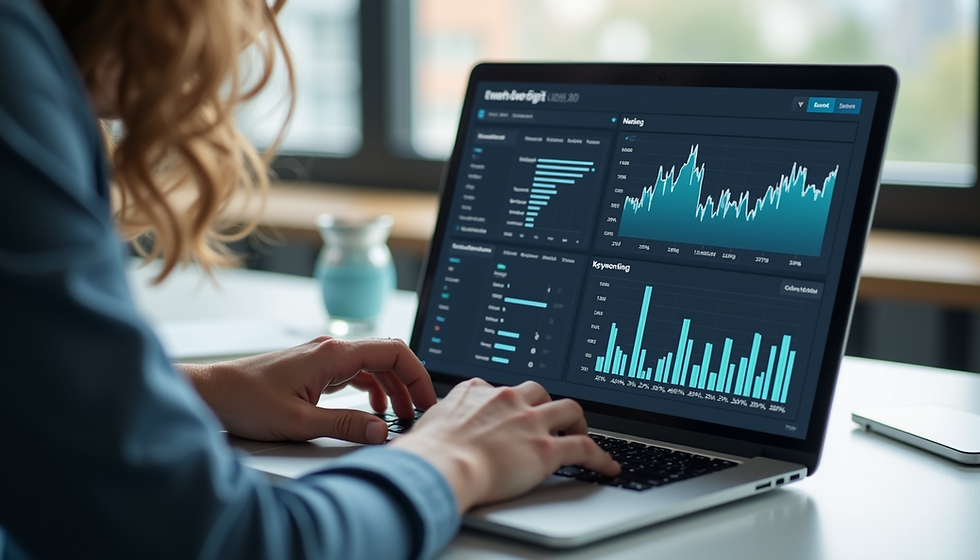 Business owner analyzing SEO dashboards and keyword rankings on laptop