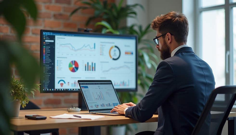 Business owner reviewing customer data and marketing analytics on a laptop