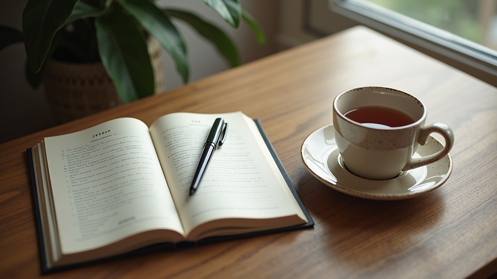 High angle view of a journal and pen on a desk with a cup of tea
