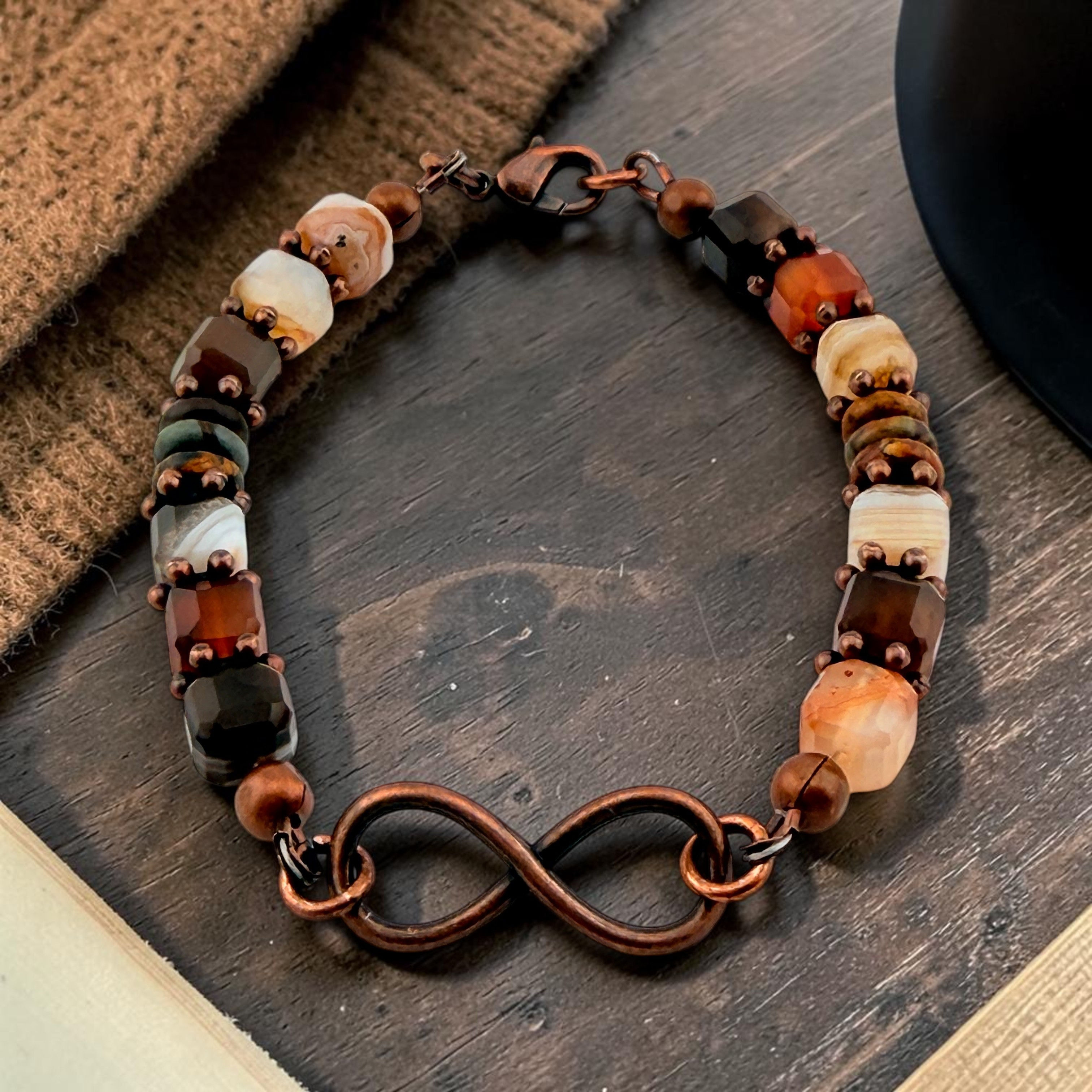 Bedford bracelet with faceted Persian Gulf agates, antique copper spacers and infinity focal by BeauMarie’s.
