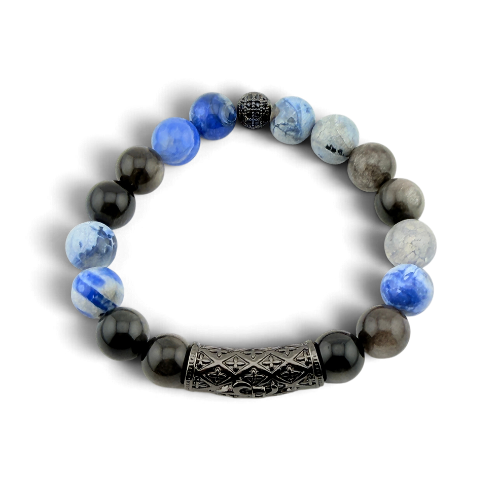 Thumbnail: Handcrafted men's bracelet featuring natural blue sodalite gemstones, silver obsidian beads, and an engraved gunmetal centerp