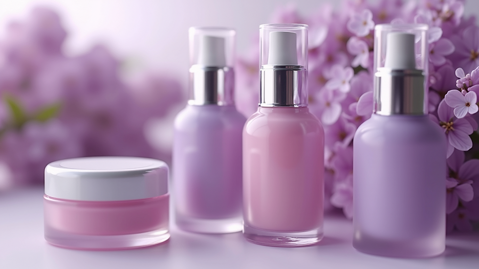 Close-up view of Lilac Cosmetics makeup products arranged neatly