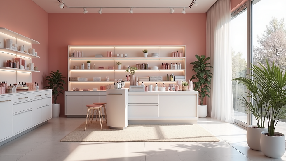 High angle view of a clean and organized cosmetic store interior
