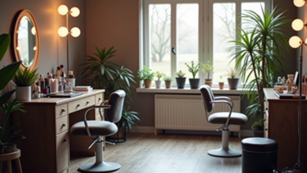 Eye-level view of a beauty studio setup with makeup tools and chairs
