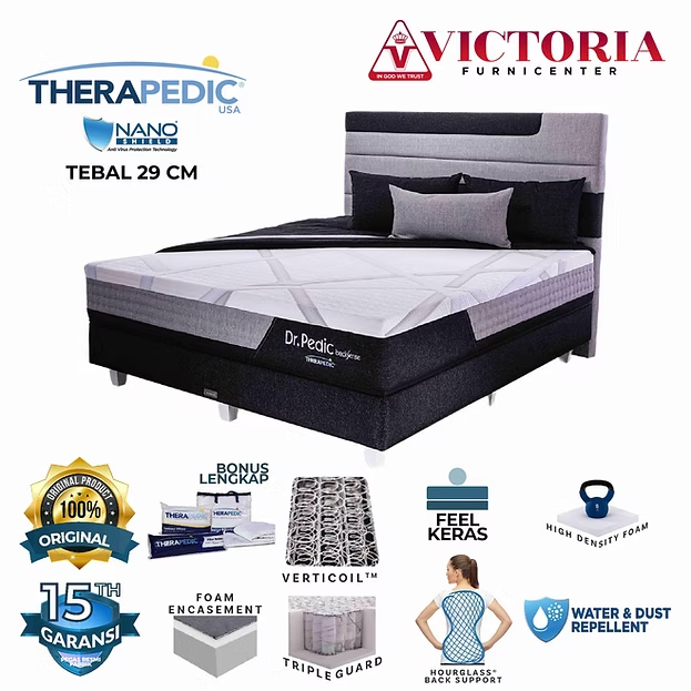 Mattress and bed set by Therapedic and Victoria Furnicenter, featuring bonus items, 15-year warranty, and notable features like VertiCoil and foam encasement.