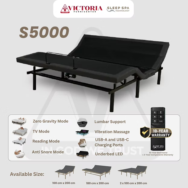 Adjustable bed frame S5000 with features like zero gravity, vibration massage, and USB ports. Black color, remote, and warranty included.