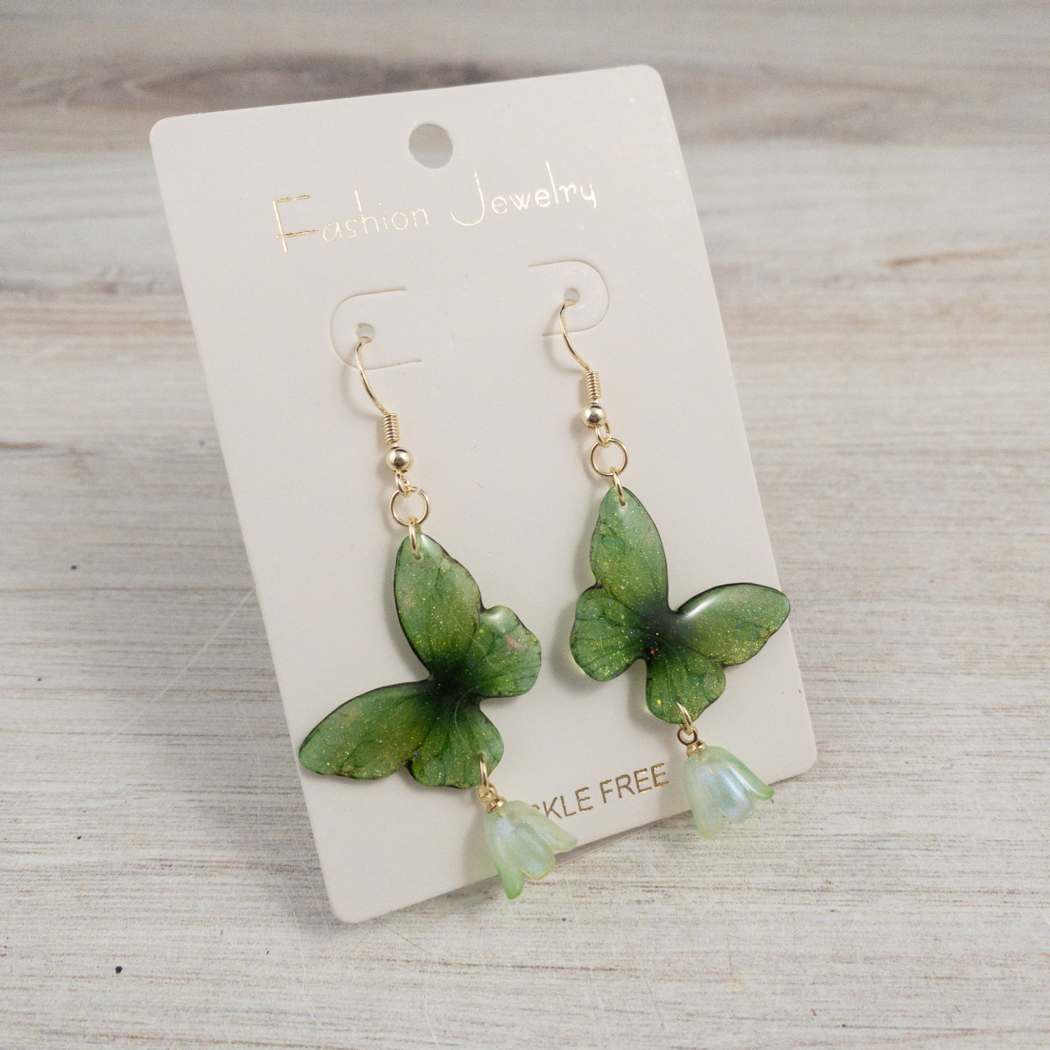 Green Butterfly Flower Charm Earrings