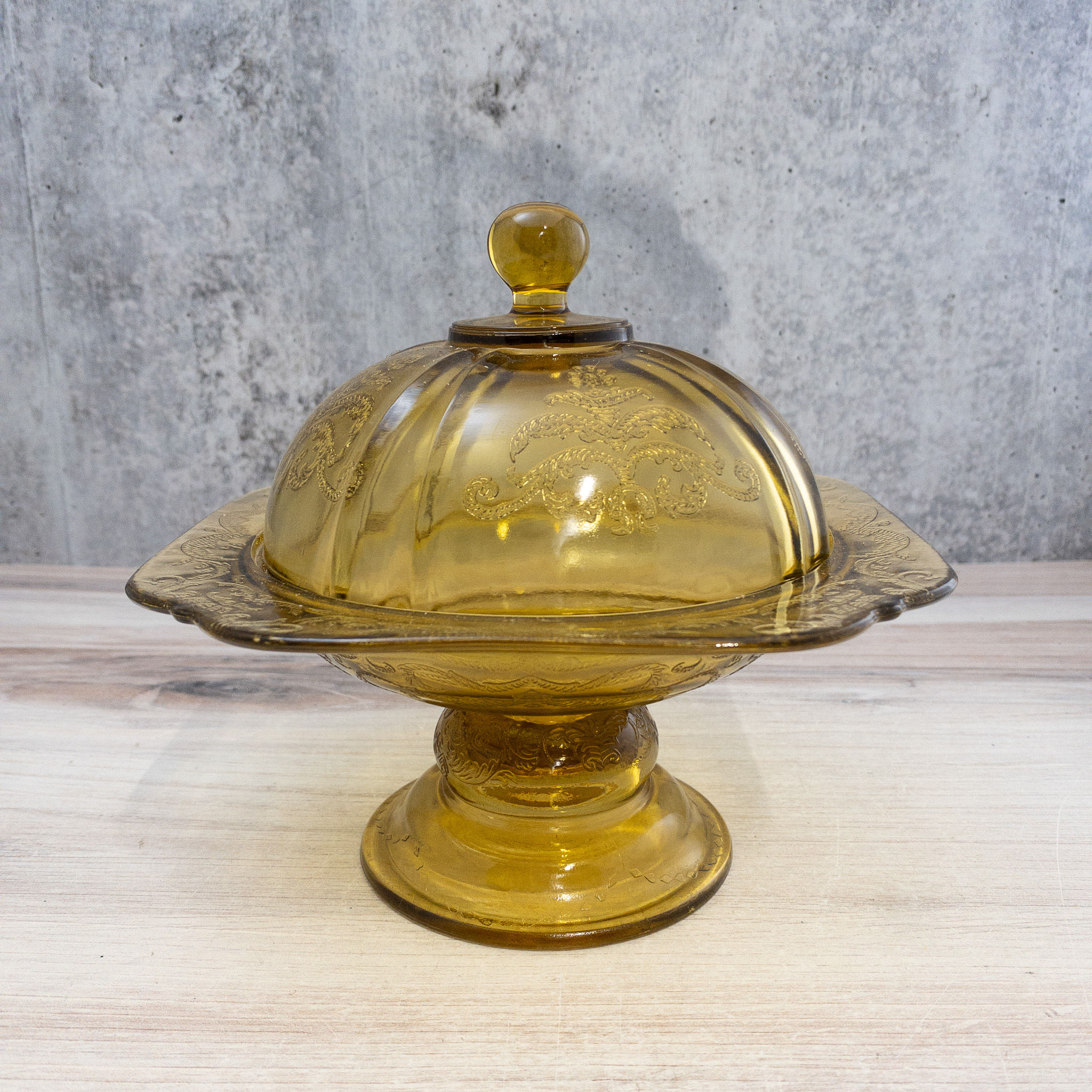 Vintage “Tiara” Amber Sandwich Covered Butter/Cheese Dish