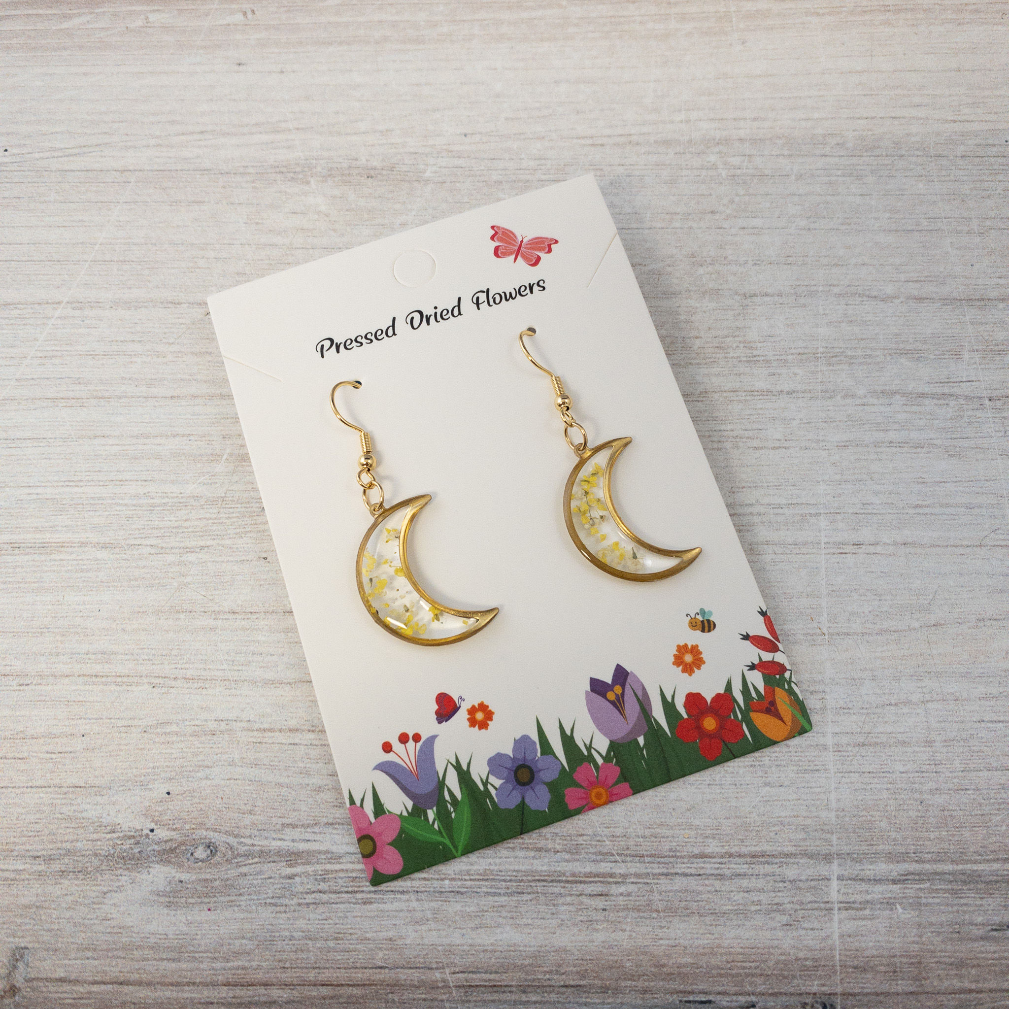 Cresent Moon Pressed Flower Earrings