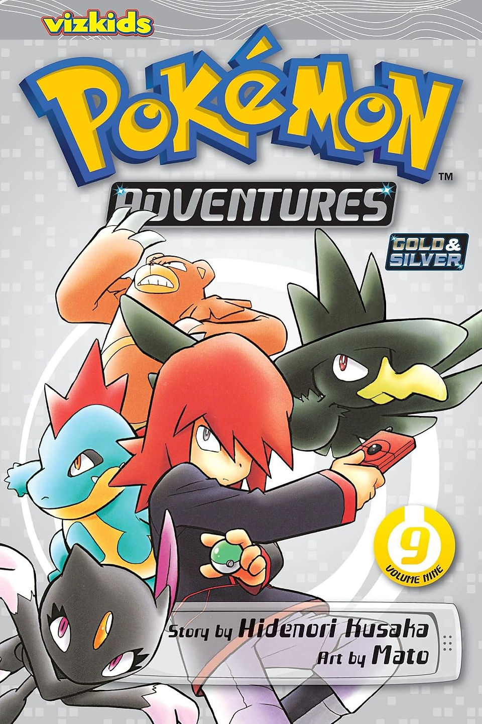 English cover of Pokémon Adventures volume 9. A light grey background. Trainer Silver is holding a Pokéball and Pokédex, surrounded by Sneasel, Croconaw, Murkrow, and Ursaring.