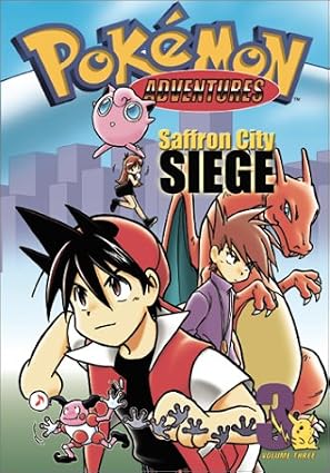 English (1st edition) cover of Pokémon Adventures Volume 3. Trainer Red is in the foreground, Blue is behind him with Charizard, and Green is in the background floating with Jigglypuff. A blue background with skyscrapers.