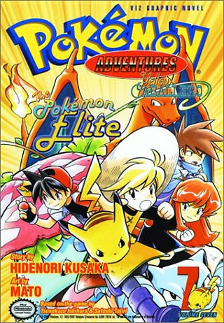 English (1st edition) cover for Pokémon Adventures volume 7. A yellow background. Trainers Yellow, Red, Green and Blue are surrounded by Pikachu, Venusaur, Blastoise, and Charizard. They are running towards the reader.