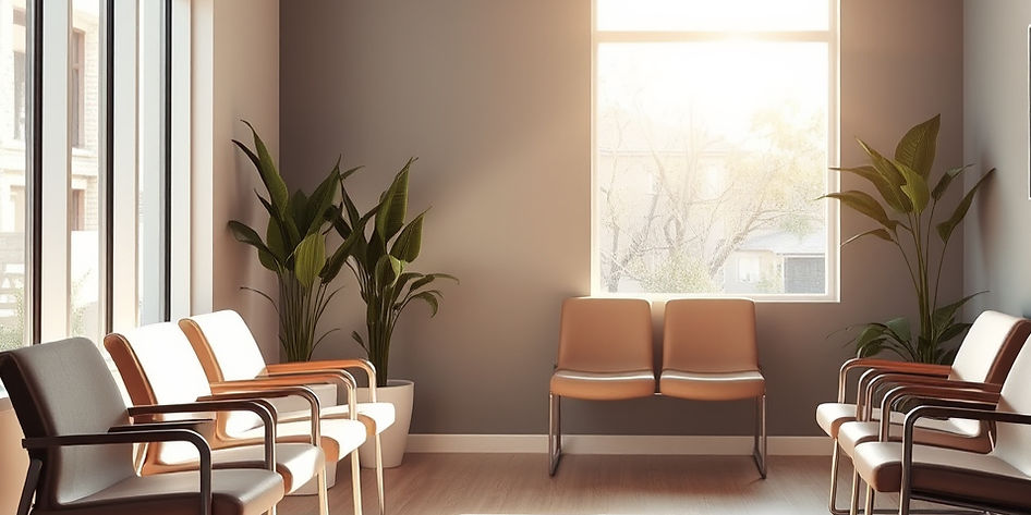Use a modern, empty waiting room medical practice with sun shining in through windows, wel