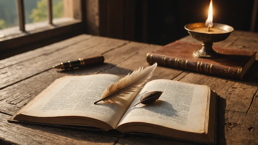 Eye-level view of an open book with a quill on a rustic wooden table