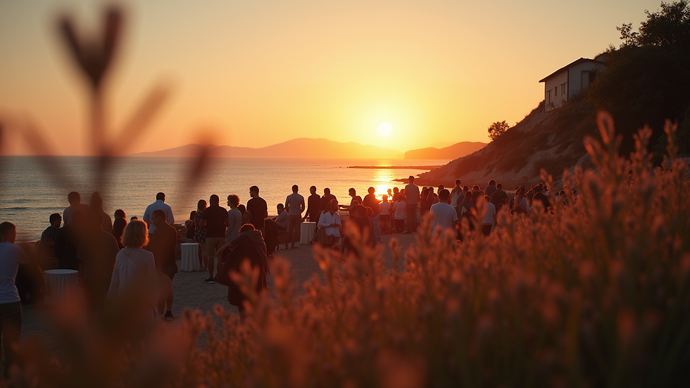 Eye-level view of a coastal community gathering at sunset