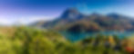 Panoramic view of Serre-Poncon Lake with Savines-le-Lac and its bridge with the Grand Morg