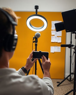 Small content studio scene from behind_ person adjusting a ring light and microphone; phon